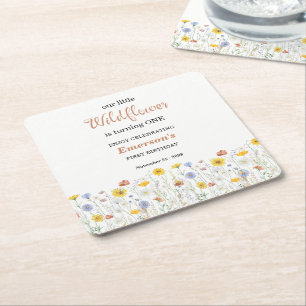 Whimsical Colorful Wildflower 1st Birthday Party Square Paper Coaster