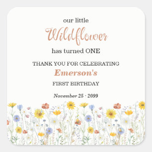 Whimsical Colorful Wildflower 1st Birthday Party Square Sticker