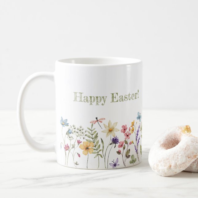 Whimsical Colorful Wildflower Bloom Spring Easter Coffee Mug (With Donut)