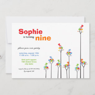 Whimsical Colour Dots Birds Tree Kids 9th Birthday Invitation