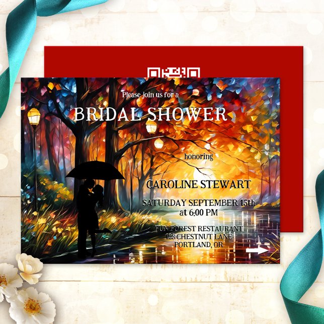 Whimsical Colourful Artistic Fall Bridal Shower Invitation (Fun and unique colorful bridal shower invitation featuring a couple with umbrella)