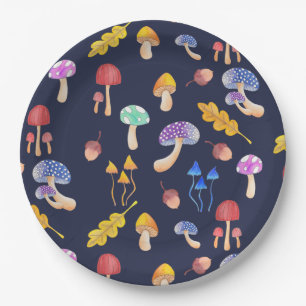 Whimsical Colourful Autumn Mushrooms Paper Plate