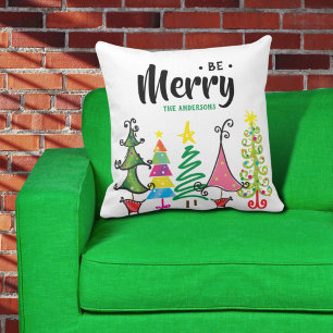 Whimsical Colourful Be Merry Christmas Throw Pillo Cushion