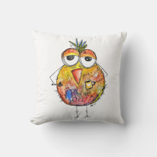 Whimsical Colourful Bird Drinking Coffee Cushion