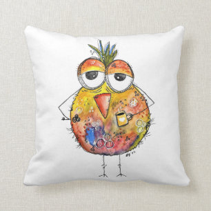 Whimsical Colourful Bird Drinking Coffee Cushion