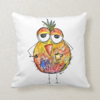Whimsical Colourful Bird Drinking Coffee Cushion