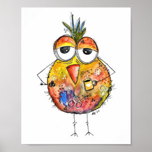 Whimsical Colourful Bird Drinking Coffee Poster