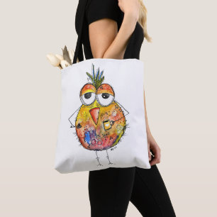 Whimsical Colourful Bird Drinking Coffee Tote Bag