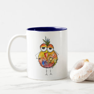 Whimsical Colourful Bird Drinking Coffee Two-Tone Coffee Mug