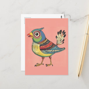 whimsical colourful bird postcard