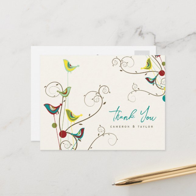 Whimsical Colourful Birds And Swirls Summer Weddin Postcard (Front/Back In Situ)