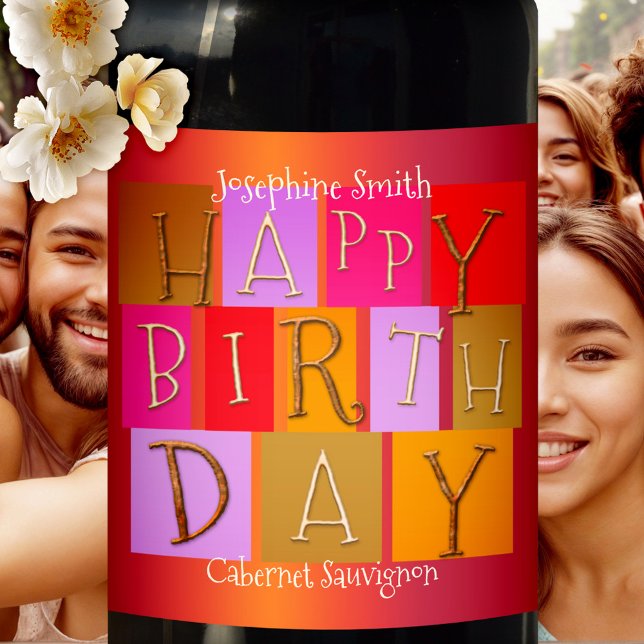 Whimsical Colourful Birthday Wine Label (A vibrant and celebratory birthday wine label featuring playful retro-style "Happy Birthday" letters)