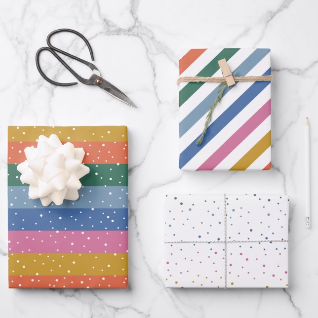 Whimsical Colourful Bright Snowfall Stripes Wrapping Paper Sheet (Front)