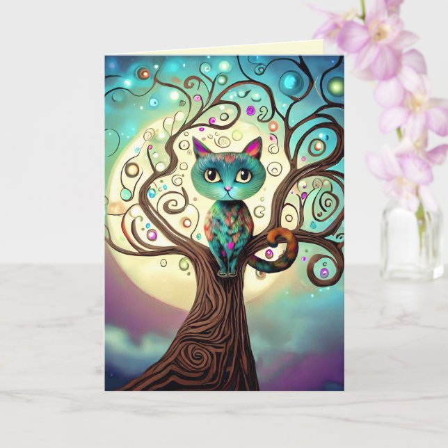 Whimsical Colourful Cat Full Moon Artwork Card (Orchid)