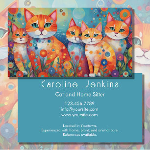 Whimsical colourful cats flowers illustration business card
