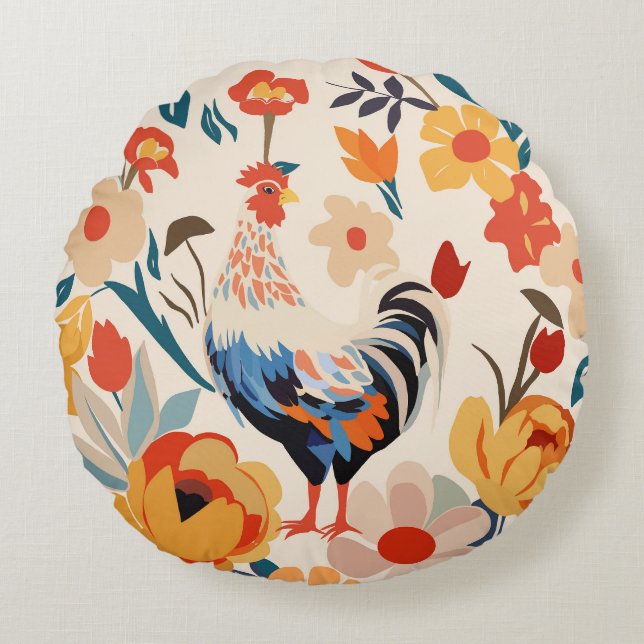 Whimsical Colourful Chicken Floral Background Round Cushion (Front)