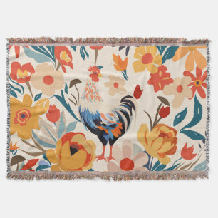 Whimsical Colourful Chicken Floral Background Throw Blanket