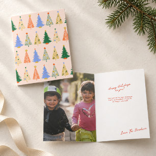 Whimsical Colourful Christmas Trees on Blush Pink Holiday Card