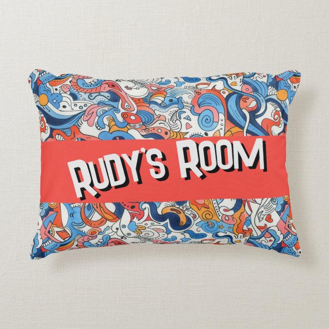 Whimsical Colourful Doodle with name, Decorative Cushion (Front)