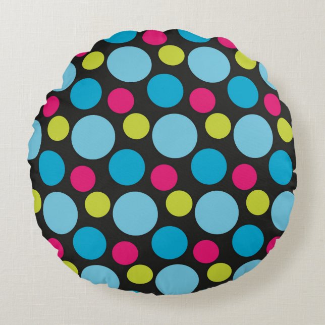 Whimsical Colourful Dots Pattern Blue Pink Modern Round Cushion (Front)
