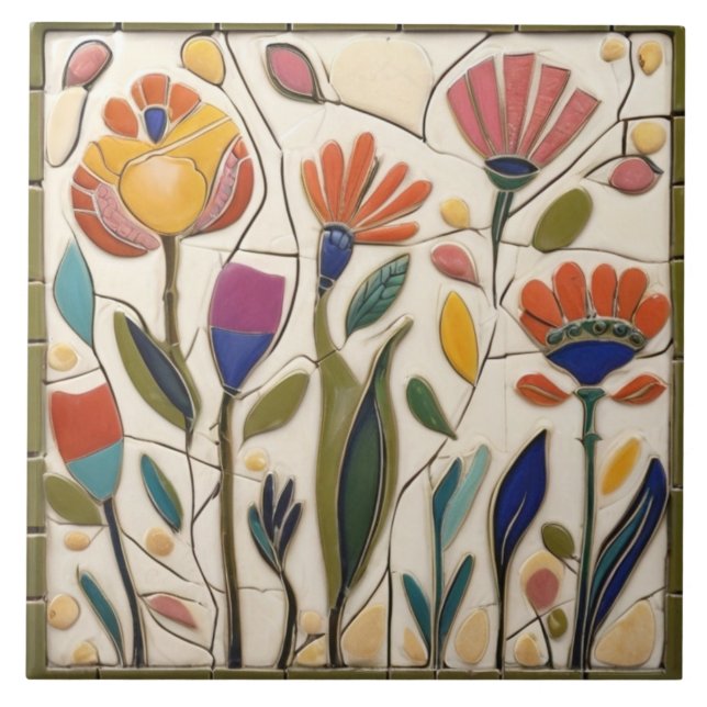 Whimsical Colourful Floral Flowers Tile (Front)