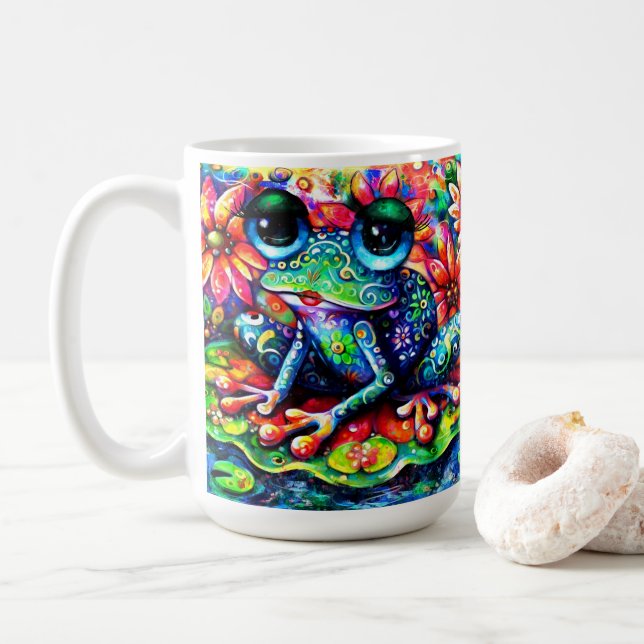 Whimsical Colourful Floral Frog on Lily Pad Coffee Mug (With Donut)