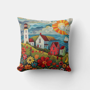 Whimsical Colourful Floral Light House Cushion
