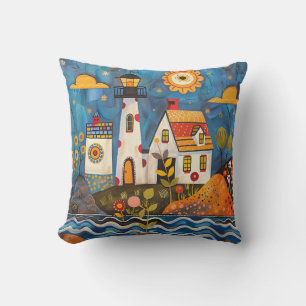 Whimsical Colourful Floral Light House Cushion