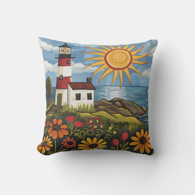 Whimsical Colourful Floral Light House Cushion (Front)