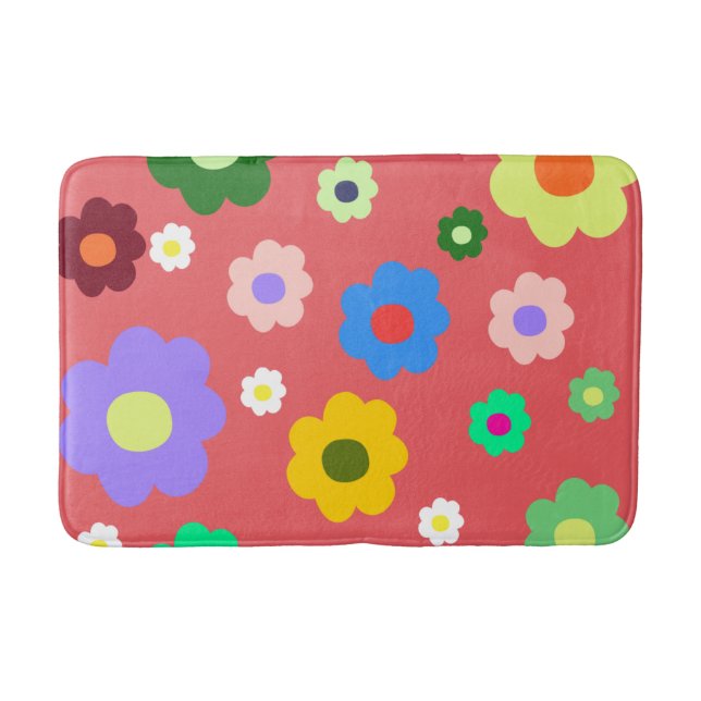 Whimsical Colourful Floral Retro, Cheerful Bath Mat (Front)