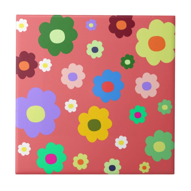 Whimsical Colourful Floral Retro, Cheerful, Preppy Tile (Front)