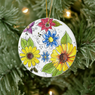 Whimsical Colourful Flower Garden Ceramic Tree Decoration