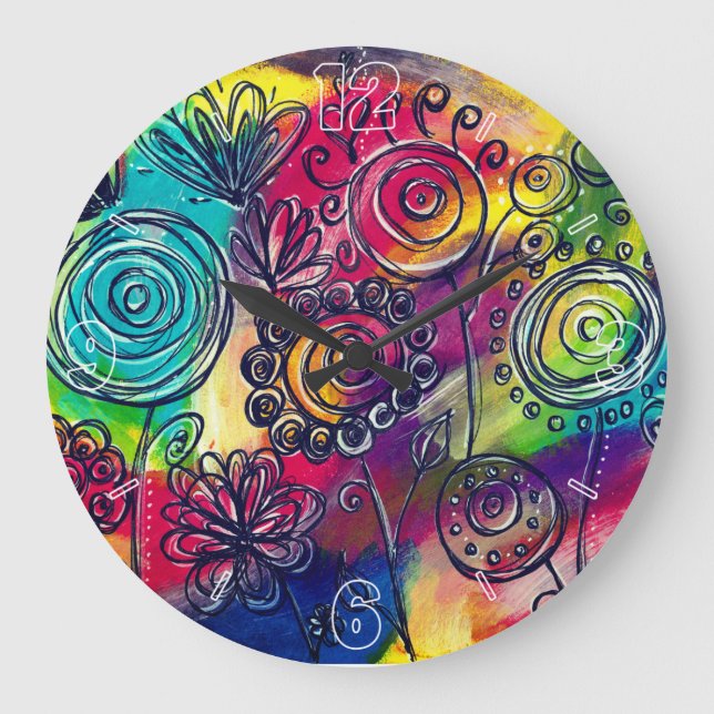 Whimsical Colourful Flower Garden Original Artwork Large Clock (Front)