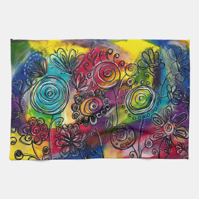 Whimsical Colourful Flower Garden Original Artwork Tea Towel (Horizontal)