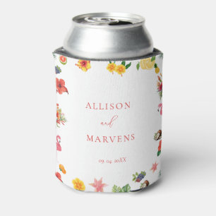 Whimsical Colourful Fun Tropical Flamingle Wedding Can Cooler