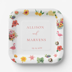Whimsical Colourful Fun Tropical Flamingle Wedding Paper Plate
