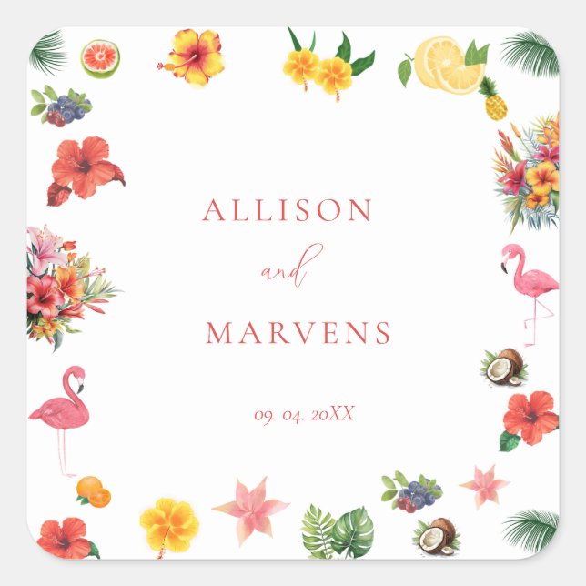 Whimsical Colourful Fun Tropical Flamingle Wedding Square Sticker (Front)