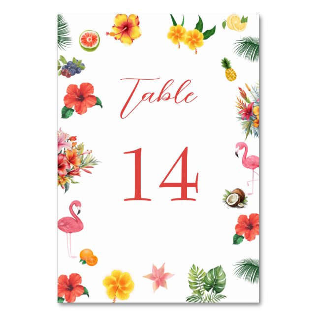 Whimsical Colourful Fun Tropical Flamingle Wedding Table Number (Front)