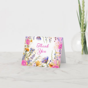 Whimsical Colourful Garden Flowers Faux Glitter Thank You Card