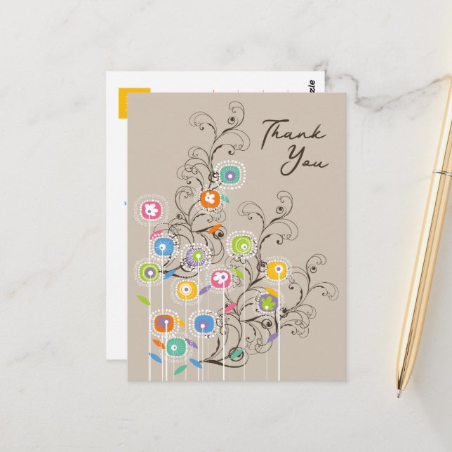 Whimsical Colourful Groovy Flower Garden Thank You Postcard (Front/Back In Situ)