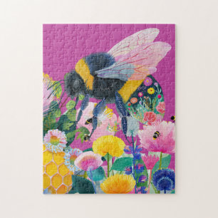 Whimsical Colourful Honey Bee Wildflower Jigsaw Puzzle