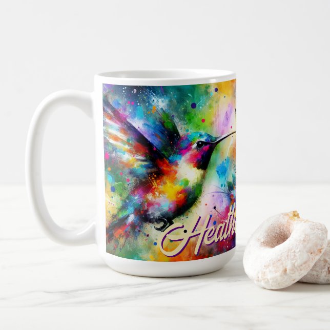 Whimsical Colourful Hummingbird Bird Personalised Coffee Mug (With Donut)