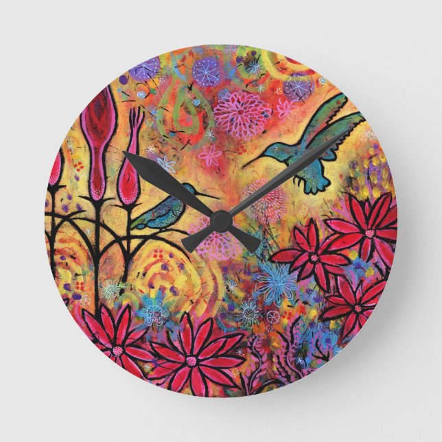 Whimsical, Colourful Hummingbird Fantasy Round Clock (Front)