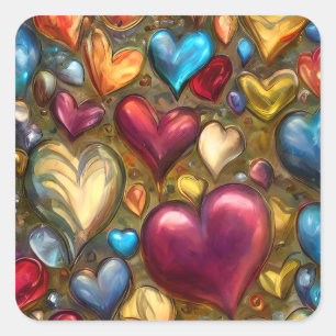 Whimsical Colourful Jewel Toned Heart Print Square Sticker