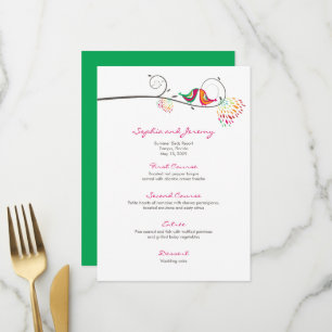 Whimsical Colourful Kissing Summer Birds Wedding Menu
