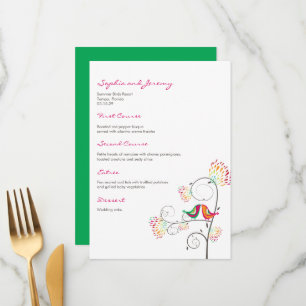Whimsical Colourful Kissing Summer Birds Wedding Menu