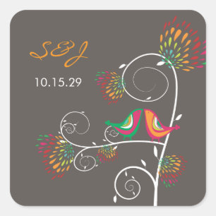 Whimsical Colourful Kissing Summer Birds Wedding Square Sticker