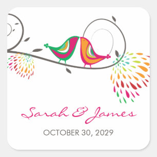 Whimsical Colourful Kissing Summer Birds Wedding Square Sticker