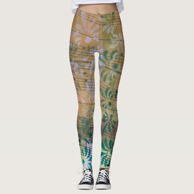 Whimsical Colourful Layered Painted Sheet Music Leggings (Front)