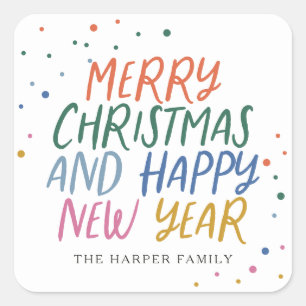 Whimsical Colourful Merry Christmas Happy New Year Square Sticker